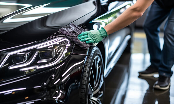 A black car's paint being machine polished to a deep gloss